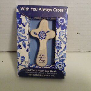 Dayspring Holding Cross I Am With You Always White Blue Wood